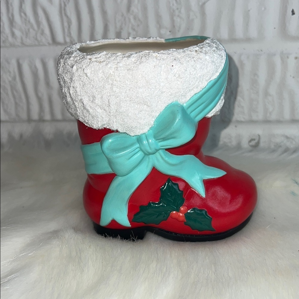 Vintage Festive Red Boot Planter with Bow